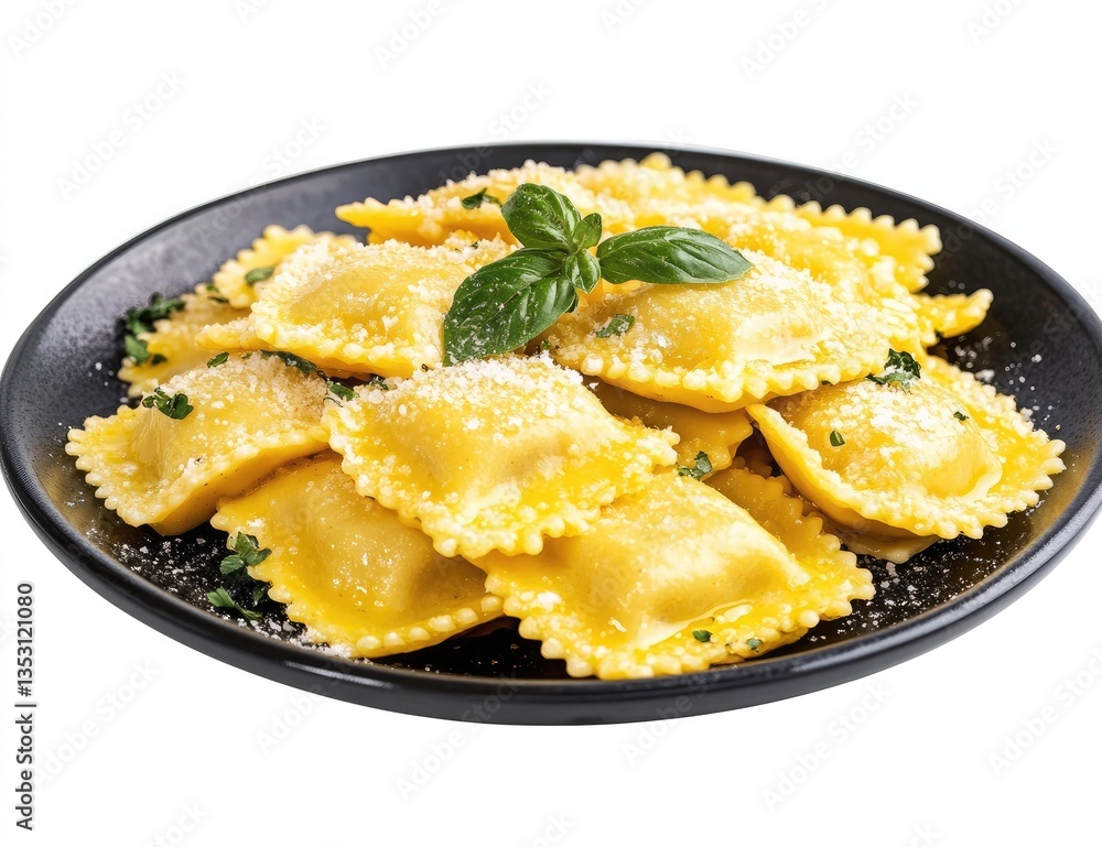 Golden pasta pockets, a delectable Italian dish. Freshly prepared, piled high on a dark plate, garnished with fresh herbs and cheese Golden pasta pockets, a delectable Italian dish. Freshly prepared, piled high on a dark plate, garnished with fresh herbs and cheese