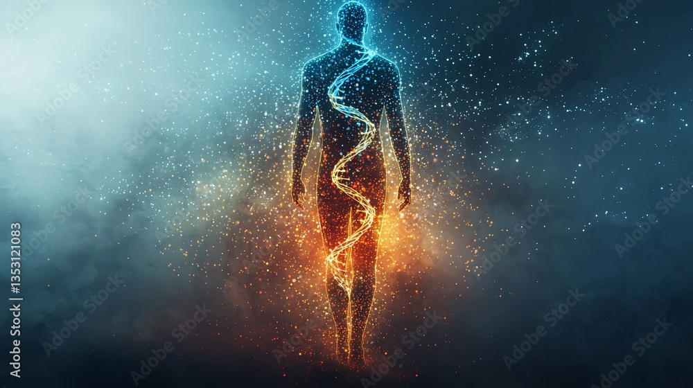 Glowing human figure with DNA double helix, fiery and icy energy.