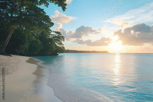 Tropical beach sunset, calm ocean, palm trees, travel postcard