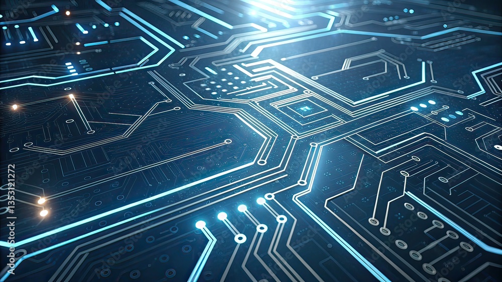 Close-up of intricate blue circuit board with glowing pathways Close-up of intricate blue circuit board with glowing pathways