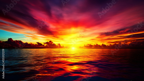 Vibrant sunset over ocean, calm waters reflecting fiery sky, tropical paradise, ideal for travel brochures