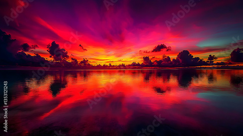 Vibrant sunset reflecting on calm ocean water
