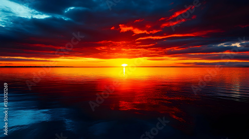 Fiery sunset over calm ocean; dramatic sky, water reflection