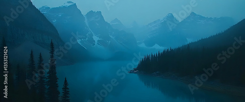 Serene twilight lake, mountains, forest, calm water, travel backdrop