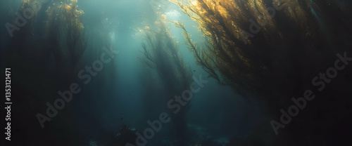 Underwater kelp forest, sunlight beams, ocean floor, marine life habitat, nature backdrop