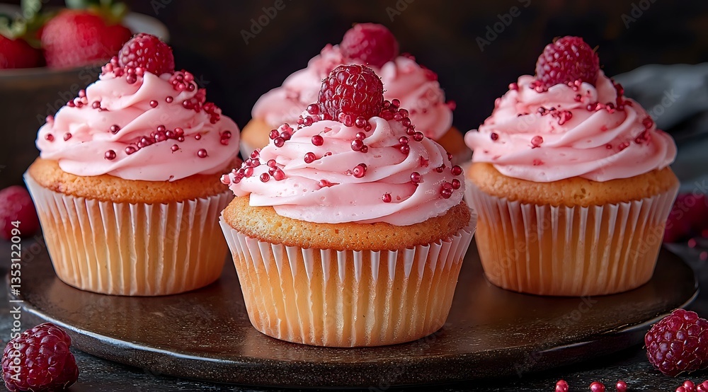 Fresh raspberry cupcakes with pink buttercream frosting topped with whole berries and sprinkles on rustic wooden serving board, sweet dessert photography. Fresh raspberry cupcakes with pink buttercream frosting topped with whole berries and sprinkles on rustic wooden serving board, sweet dessert photography.