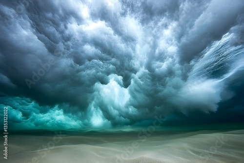 Ocean wave breaking, underwater view, sandy beach background, nature photography