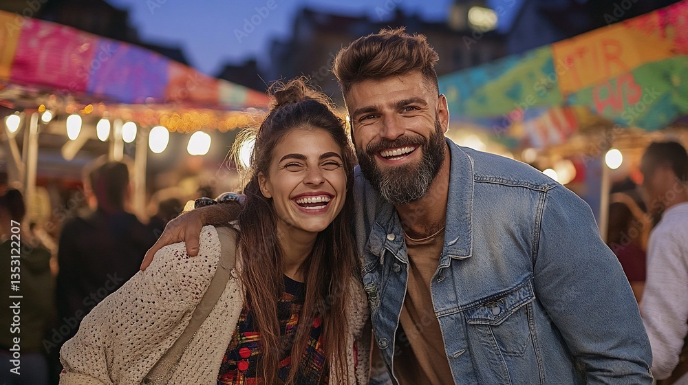 Naklejka premium Happy Couple Night Fair Festive City Date Romance