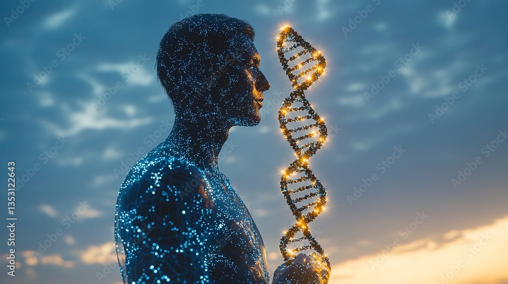 Man gazing at glowing DNA double helix against a twilight sky.