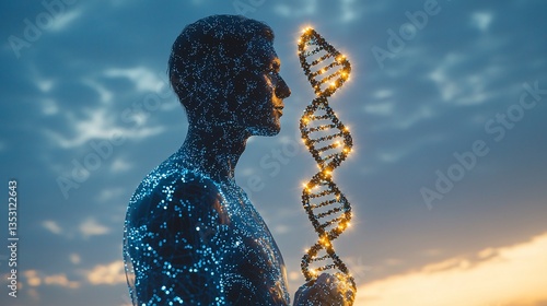 Obraz na płótnie Man gazing at glowing DNA double helix against a twilight sky. w salonie