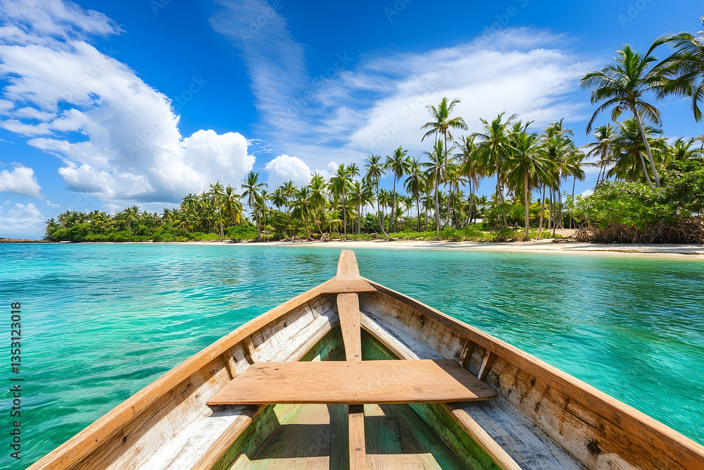 Tropical island boat trip, turquoise water, palm trees, sunny sky, travel brochure (1)