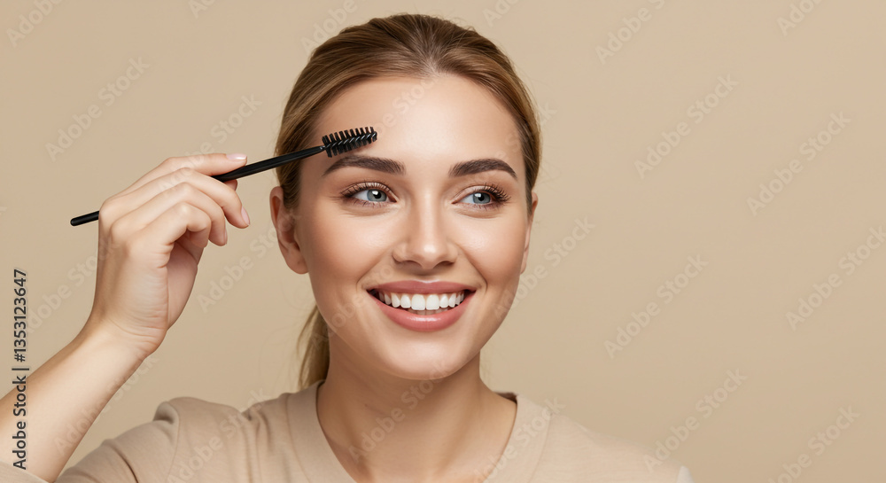 Obraz premium A radiant woman confidently shapes her brows, embracing her natural beauty against a soft beige backdrop.