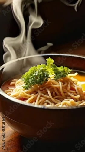 steaming udon with egg and herbs