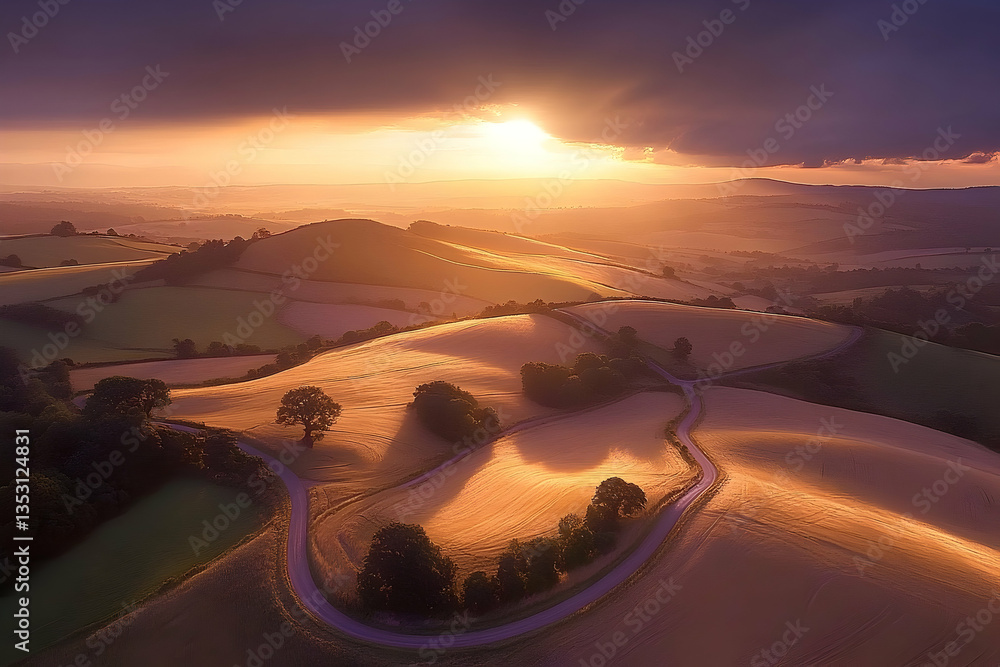 Fototapeta premium Sunset over rolling hills, winding road, aerial view, farmland