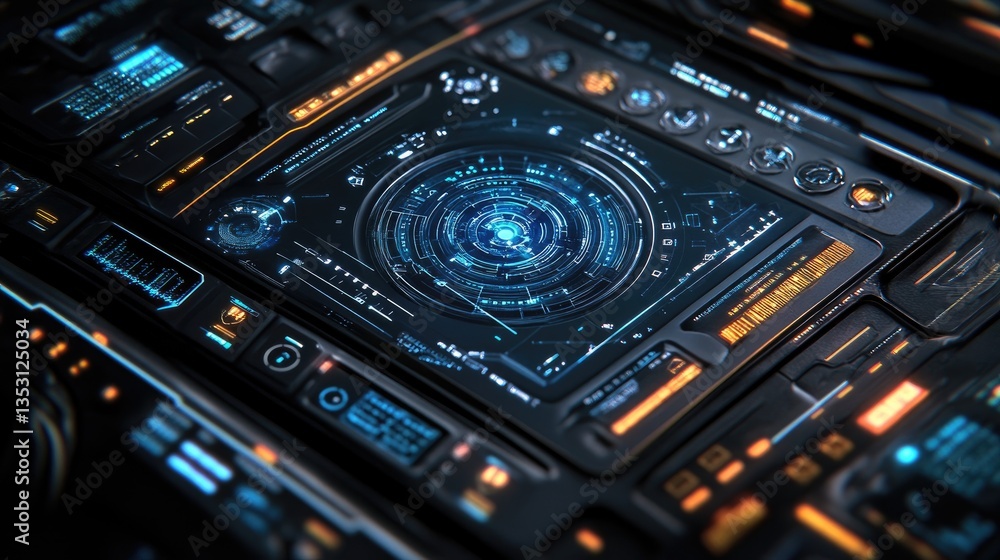 Obraz premium A futuristic AI-driven control center visualizing hyperautomation workflows with neural network overlays and data streams.