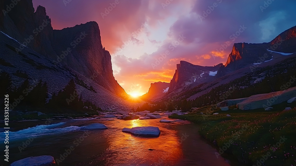 Fototapeta premium Sunset over mountain valley river