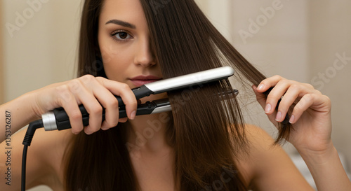 A woman's serene morning ritual of straightening her long, luxurious brown hair with a sleek, modern hair straightener, creating a polished and elegant look.