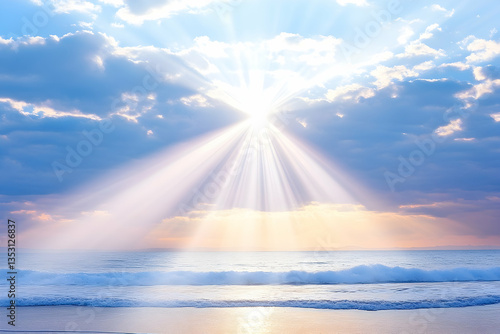 Peaceful ocean sunrise, sun rays breaking through clouds