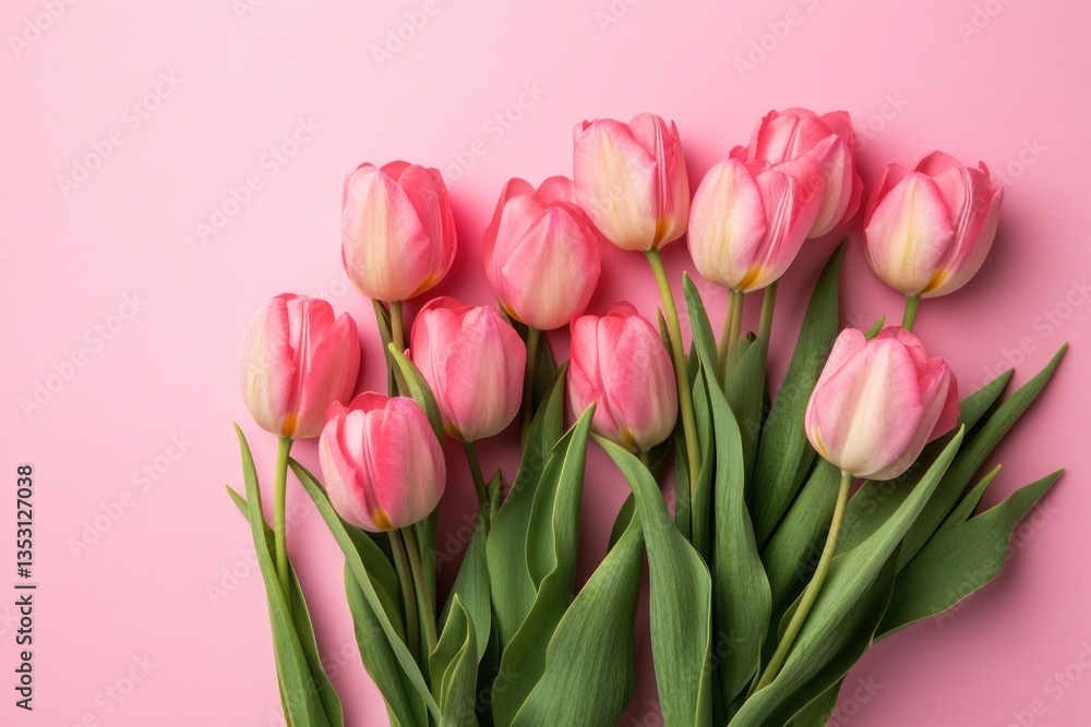 Pink tulips arranged on a light pink colored background Pink tulips arranged on a light pink colored background