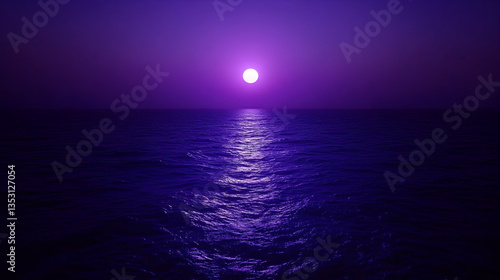 Purple sunset over calm ocean,  serene night scene, travel backdrop