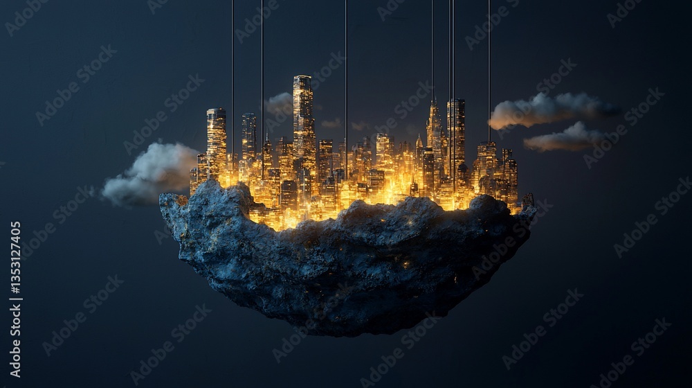 Illuminated cityscape suspended on a cloud island.