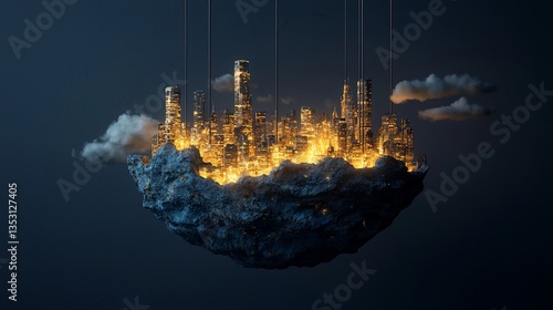 Obraz na płótnie Illuminated cityscape suspended on a cloud island. w salonie