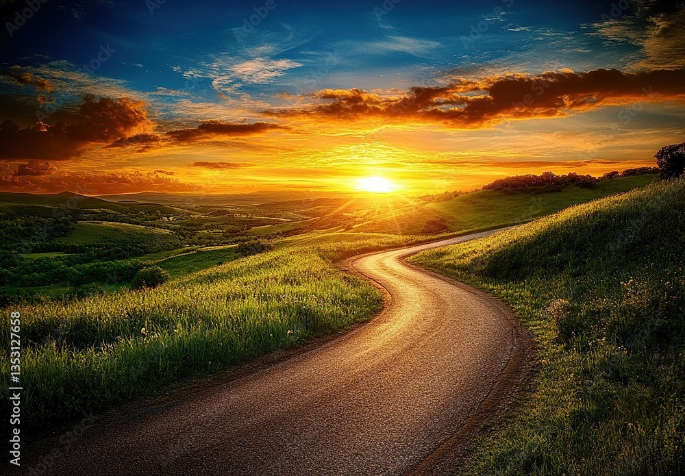 Naklejka premium Vibrant Sunset Over Rolling Hills and Winding Country Road