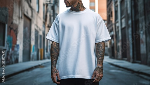 white tshirt mockup, the model is stylish man with arm tatoo