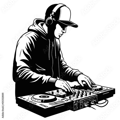 a stylized vector illustration of a DJ wearing a hoodie and cap, operating a DJ controller or turntable. The DJ should have headphones on and be focused on mixing music.