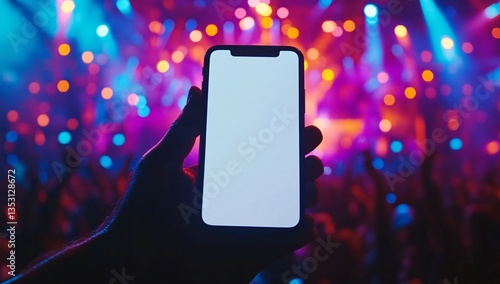blank phone mock up in man hand, metal rock music concert and crowd in the background