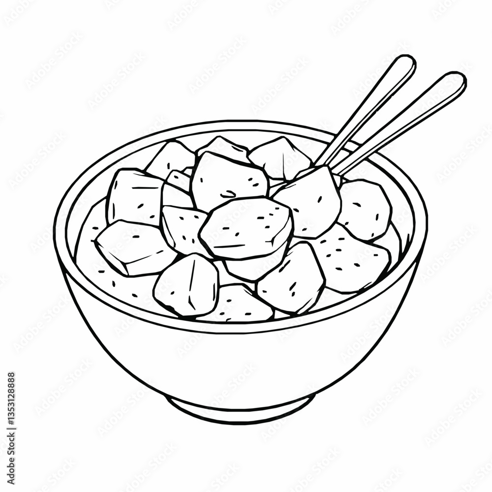 black outline vector of a bowl of kewa datshi with potatoes and melted cheese isolated on a white background black outline vector of a bowl of kewa datshi with potatoes and melted cheese isolated on a white background