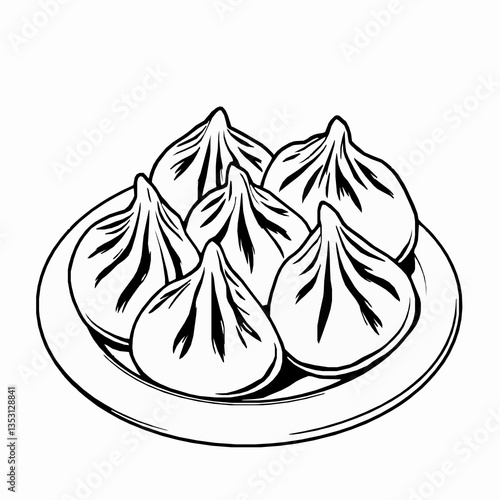 black outline vector of a plate of Bhutanese hoentay buckwheat dumplings filled with turnip greens and cheese isolated on a white background