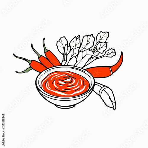 black outline vector of a bowl of sikam paa with crispy pork belly and red chili isolated on a white background