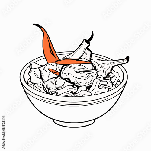 black outline vector of a bowl of shakam paa with dried beef and radish isolated on a white background