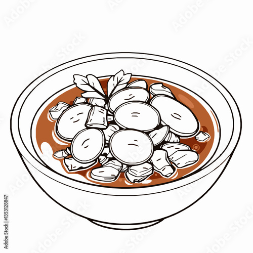 black outline vector of a bowl of shakam paa with dried beef and radish isolated on a white background