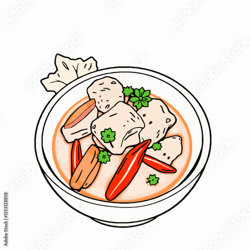 black outline vector of a bowl of phaksha paa with pork and red chili isolated on a white background