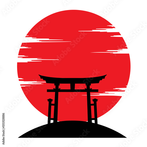 Design a detailed vector illustration of a traditional Japanese torii gate silhouetted against a red sun. The torii gate should be positioned on a small hill, with the red sun in the background featur