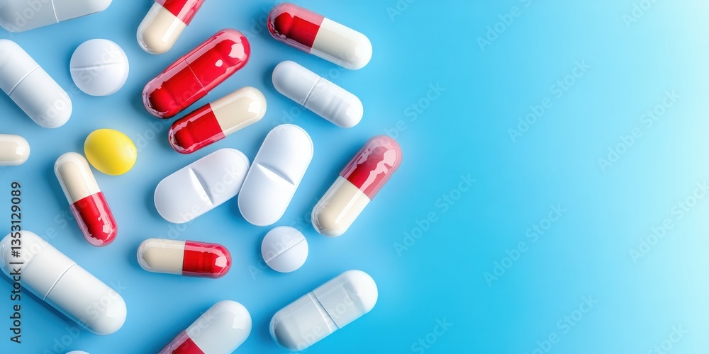 Pills and capsules scattered on a blue background highlighting the variety of medication types and colors often used for health treatments Pills and capsules scattered on a blue background highlighting the variety of medication types and colors often used for health treatments