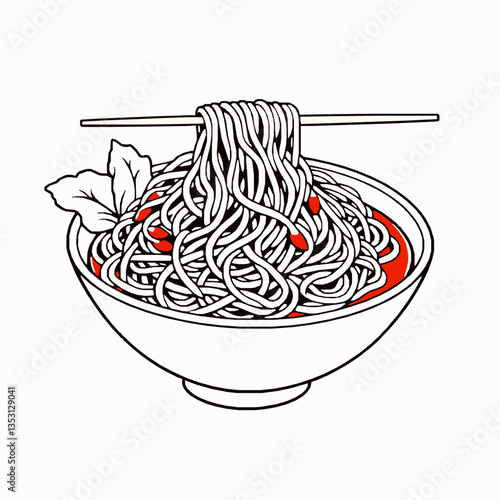black outline vector of a bowl of puta Bhutanese buckwheat noodles served with chili sauce isolated on a white background