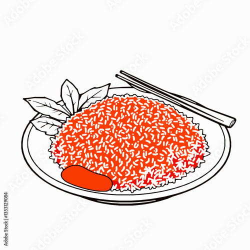 A black outline vector illustration of Bhutanese red rice, fluffy and steaming, served on a plate with a side of curry, isolated on a white background