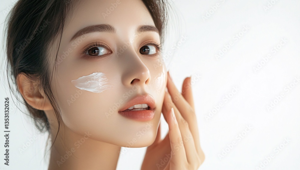 asian model woman face applies light white cream on her face asian model woman face applies light white cream on her face