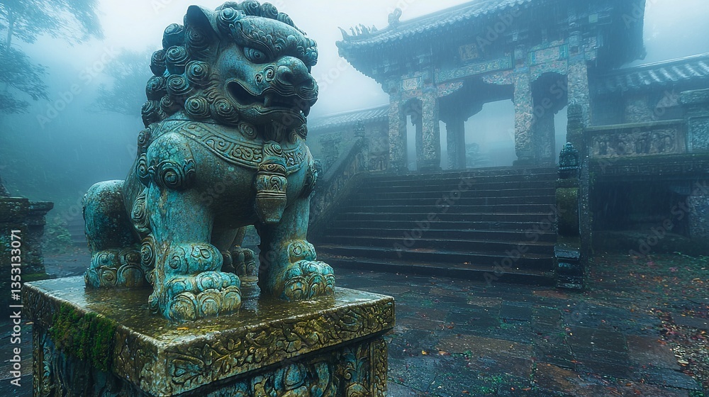 Stone lion guardian at misty temple entrance.