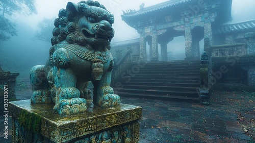 Obraz na płótnie Stone lion guardian at misty temple entrance. w salonie