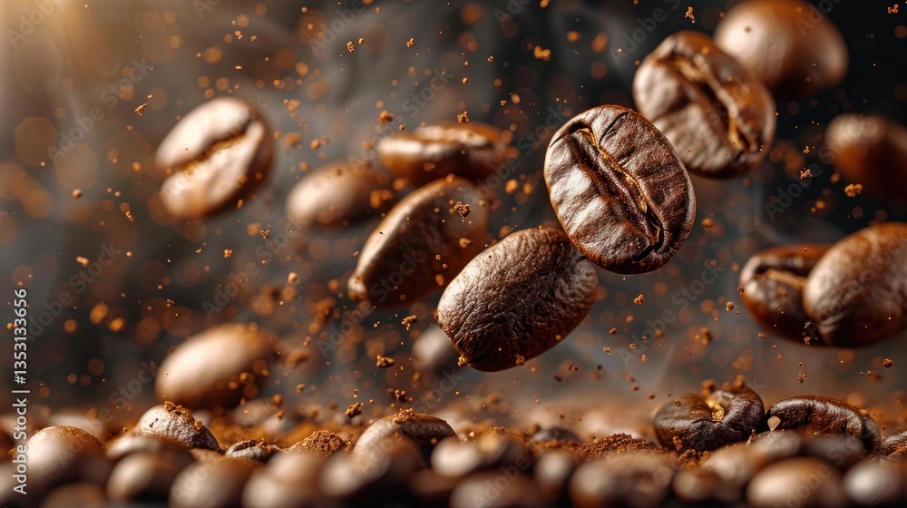 Coffee beans levitating in mid-air over ground coffee, steam and light background. Possible use advertising Coffee beans levitating in mid-air over ground coffee, steam and light background. Possible use advertising