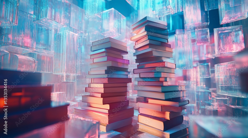Two stacks of books in a futuristic, glass-like setting with vibrant neon lighting.