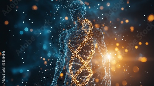 Human body with glowing DNA helix.