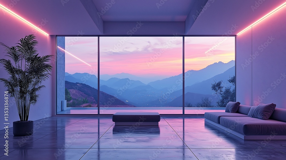 Minimalist living room with mountain sunset view.