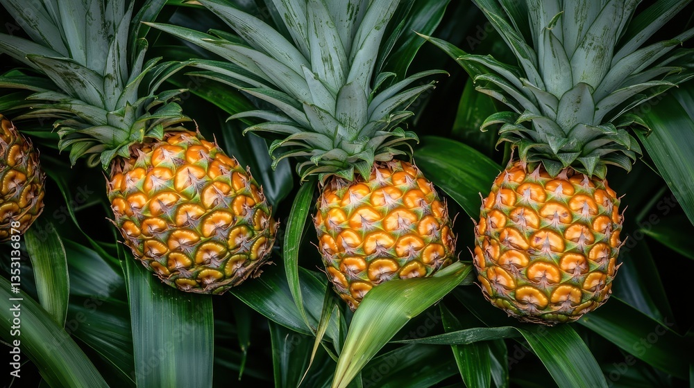 Ripe Pineapples Growing on Plantation with Tropical Fruit Harvest. Ripe Pineapples Growing on Plantation with Tropical Fruit Harvest.