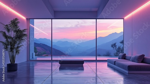 Obraz na płótnie Minimalist living room with mountain sunset view. w salonie