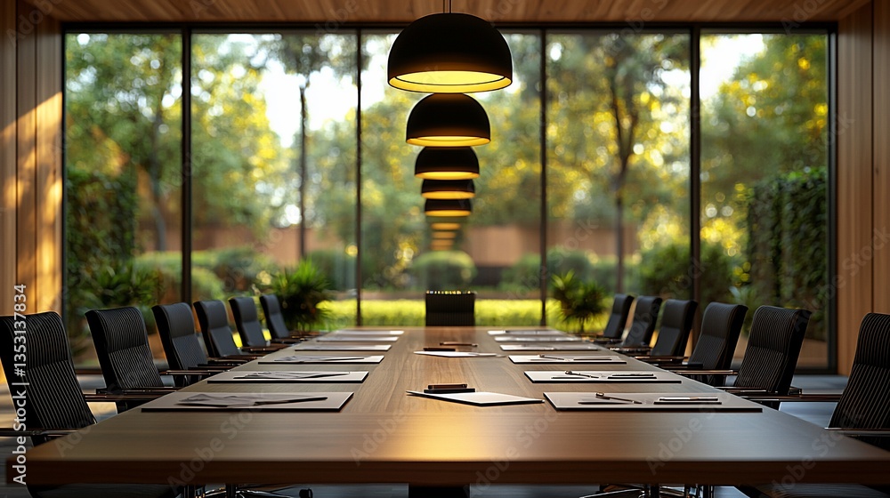 Modern conference room with large windows overlooking a garden.